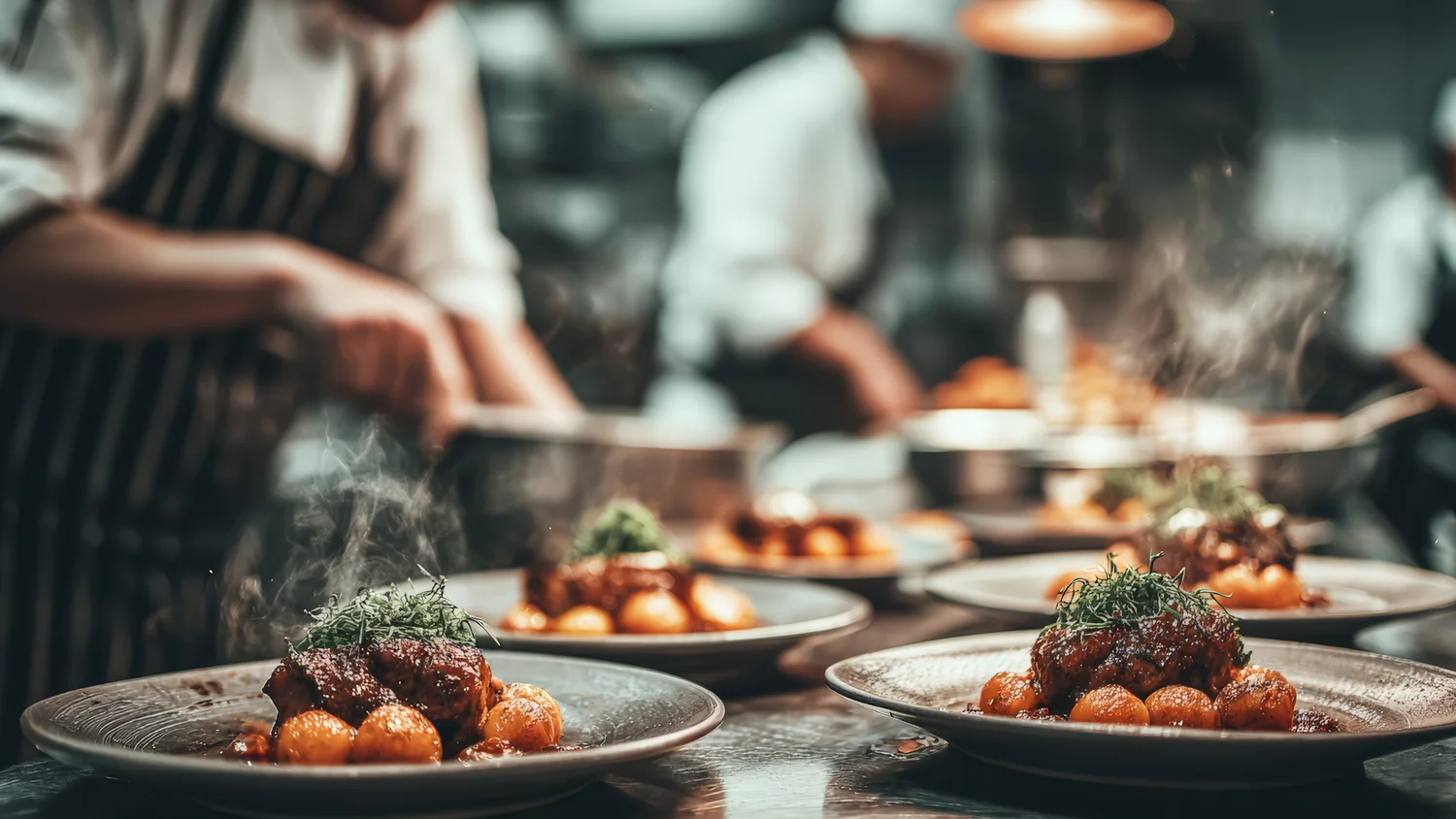 Cooks plating a run of dishes at the pass
