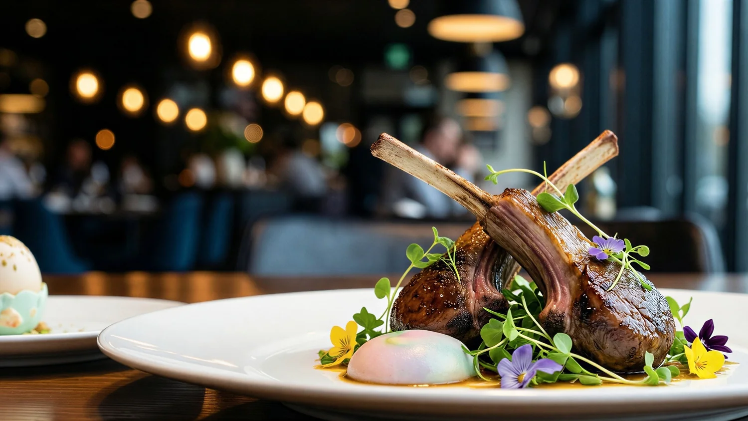 A plated rack of lamb with the dining room soft behind it