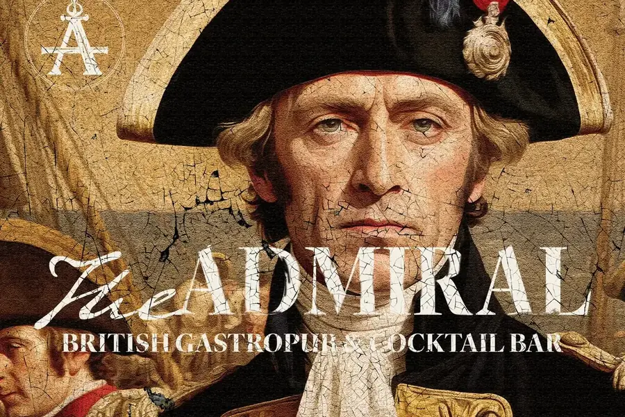 The Admiral British Gastropub key visual, a cracked-varnish portrait under the wordmark