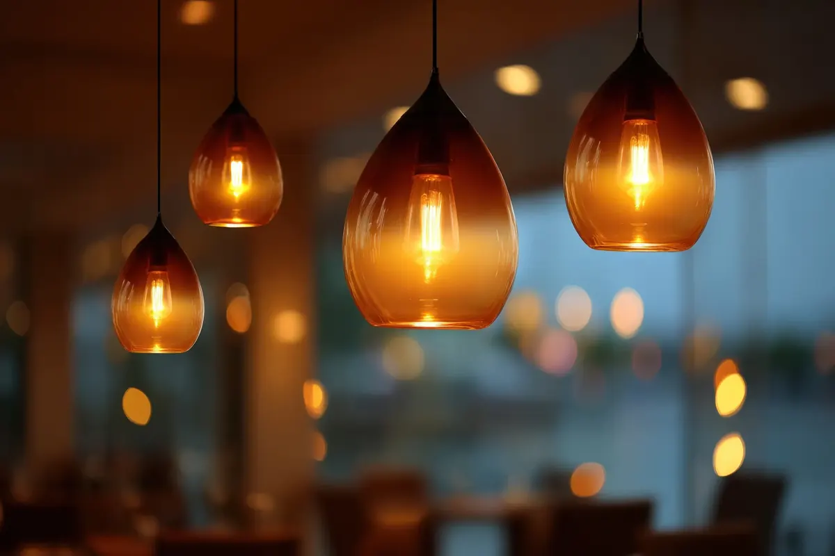 Amber glass pendants hung low over a dining room